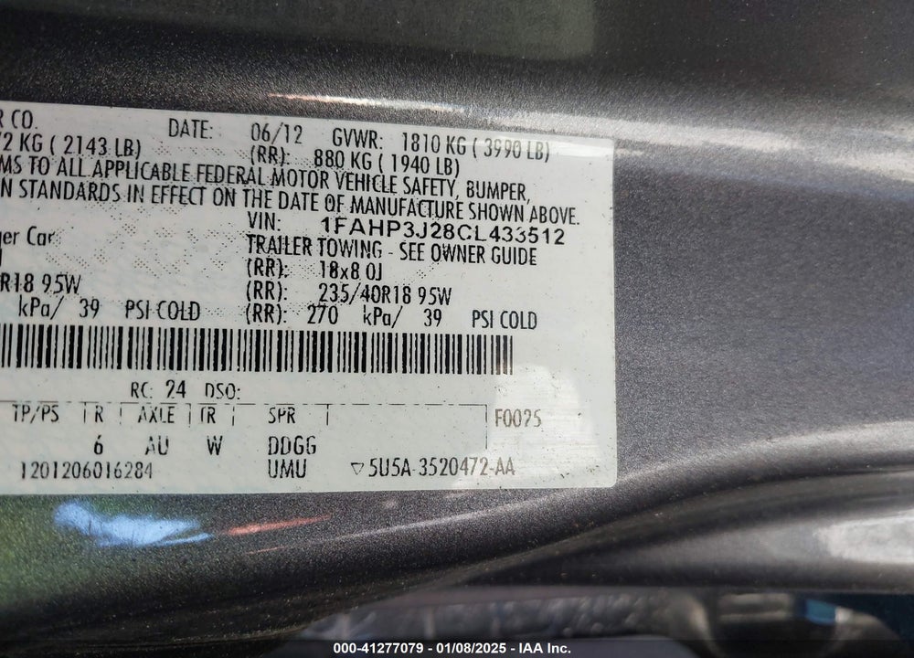 2012 FORD FOCUS VIN: 1FAHP3J28CL433512