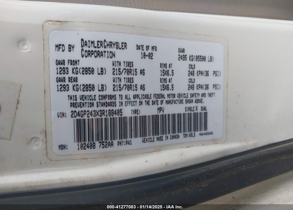 2003 DODGE GRAND CARAVAN SE VIN: 2D4GP243X3R188405