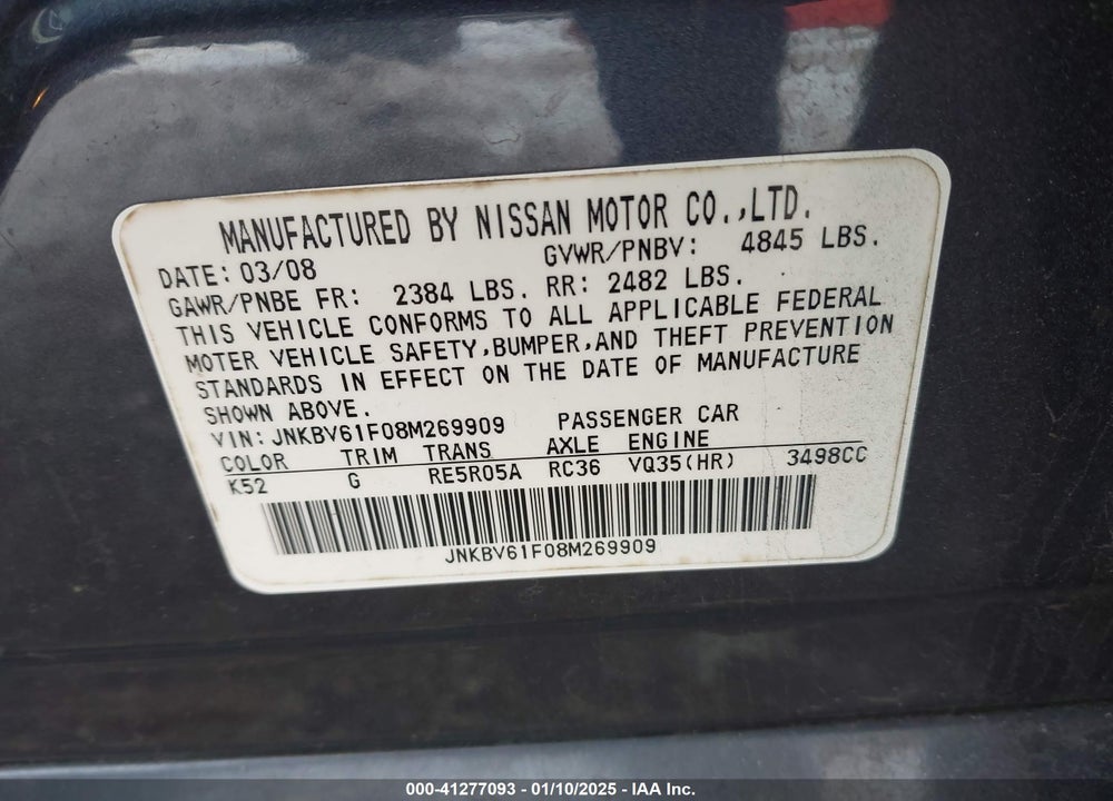 2008 INFINITI G35X VIN: JNKBV61F08M269909