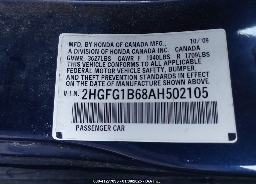 2010 HONDA CIVIC LX VIN: 2HGFG1B68AH502105