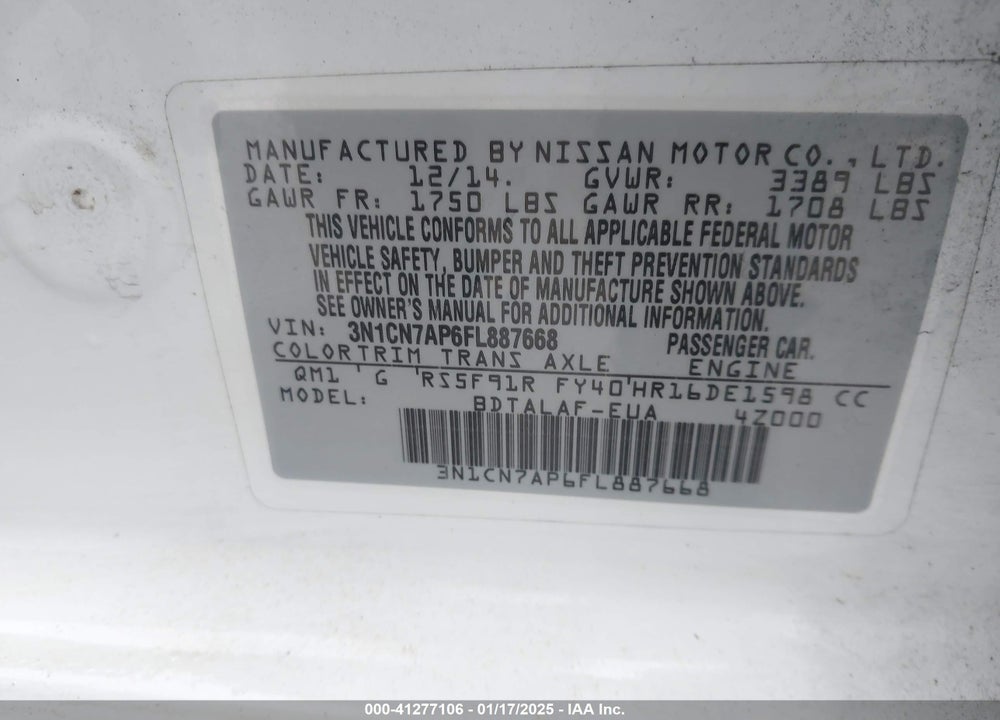 2015 NISSAN VERSA VIN: 3N1CN7AP6FL887668