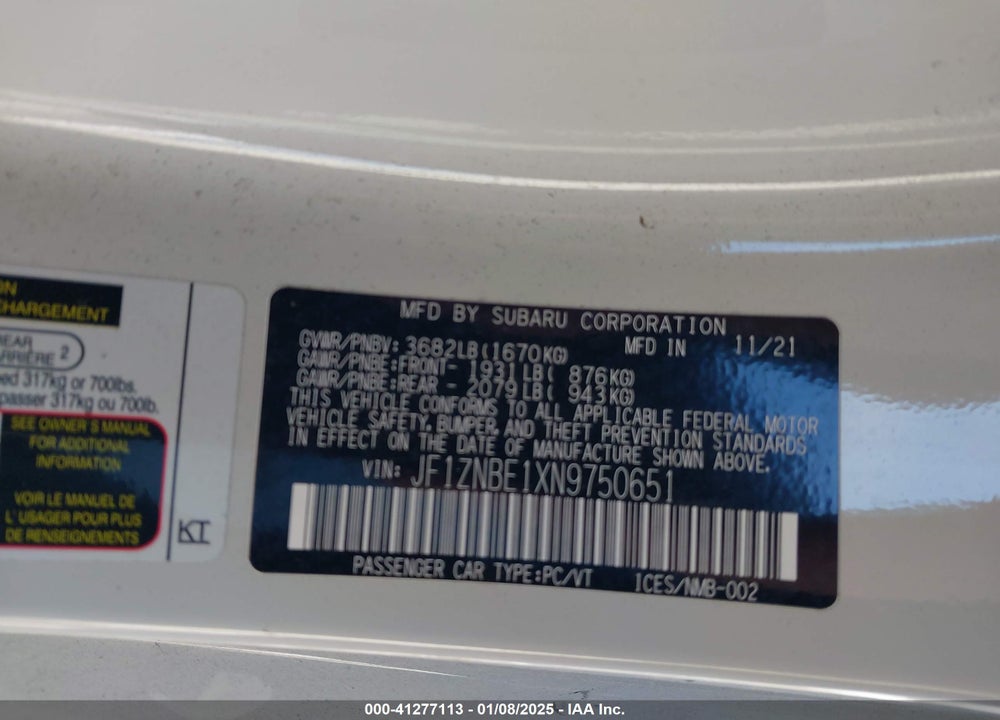 2022 TOYOTA GR86 VIN: JF1ZNBE1XN9750651