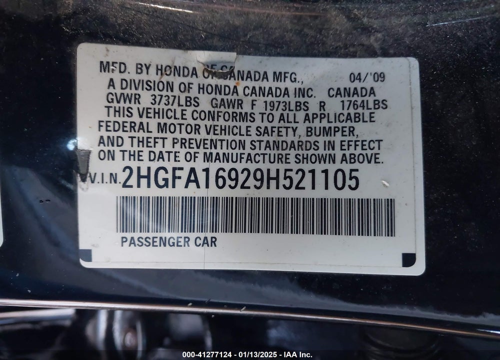 2009 HONDA CIVIC EX-L VIN: 2HGFA16929H521105