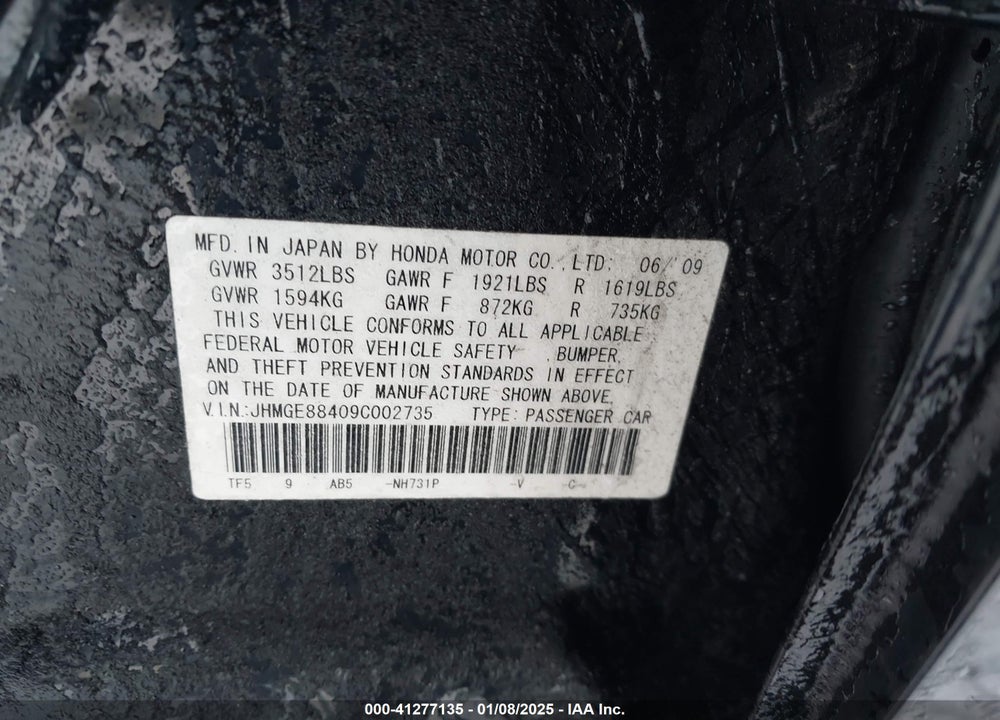 2009 HONDA FIT VIN: JHMGE88409C002735