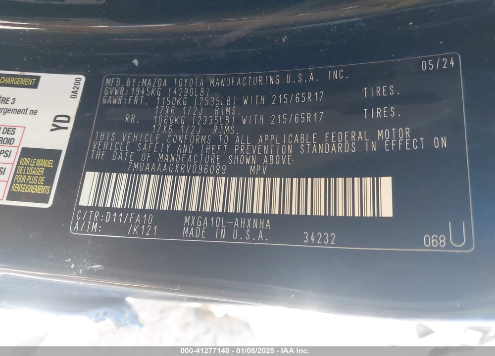 2024 TOYOTA COROLLA CROSS L VIN: 7MUAAAAGXRV096089