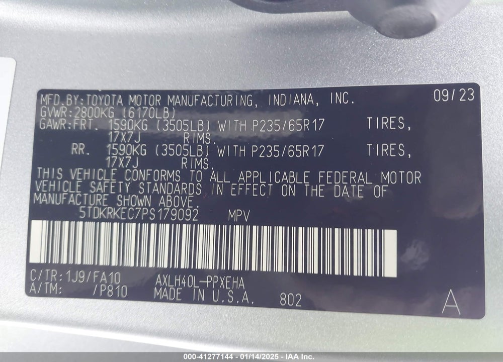 2023 TOYOTA SIENNA LE VIN: 5TDKRKEC7PS179092