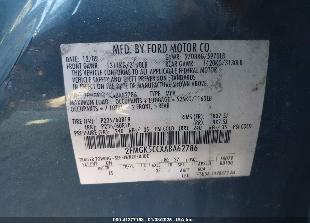 2010 FORD FLEX SEL VIN: 2FMGK5CCXABA62786