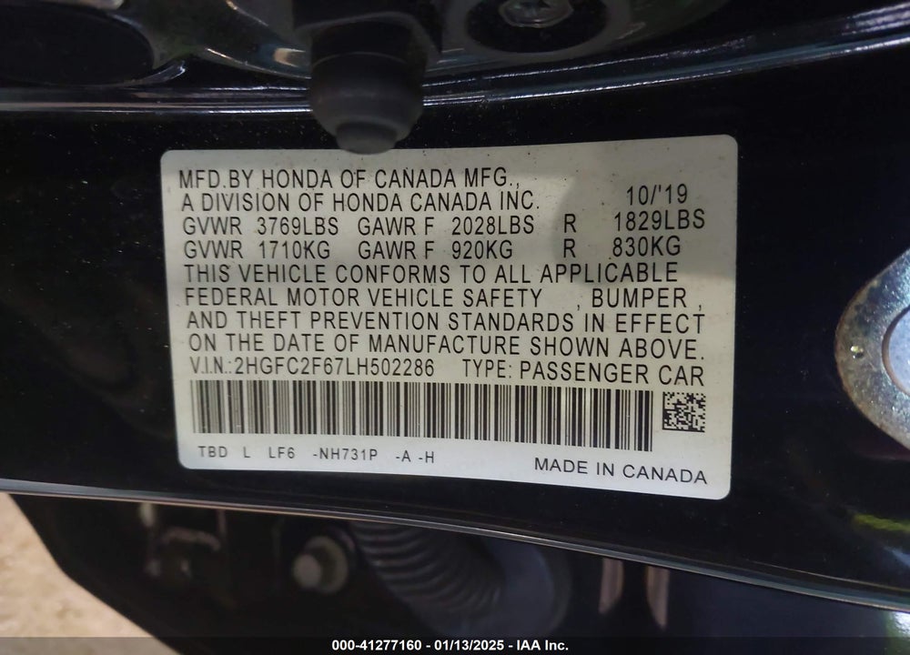 2020 HONDA CIVIC VIN: 2HGFC2F67LH502286