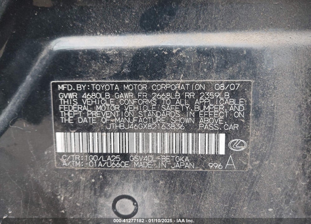 2008 LEXUS ES 350 VIN: JTHBJ46GX82163836