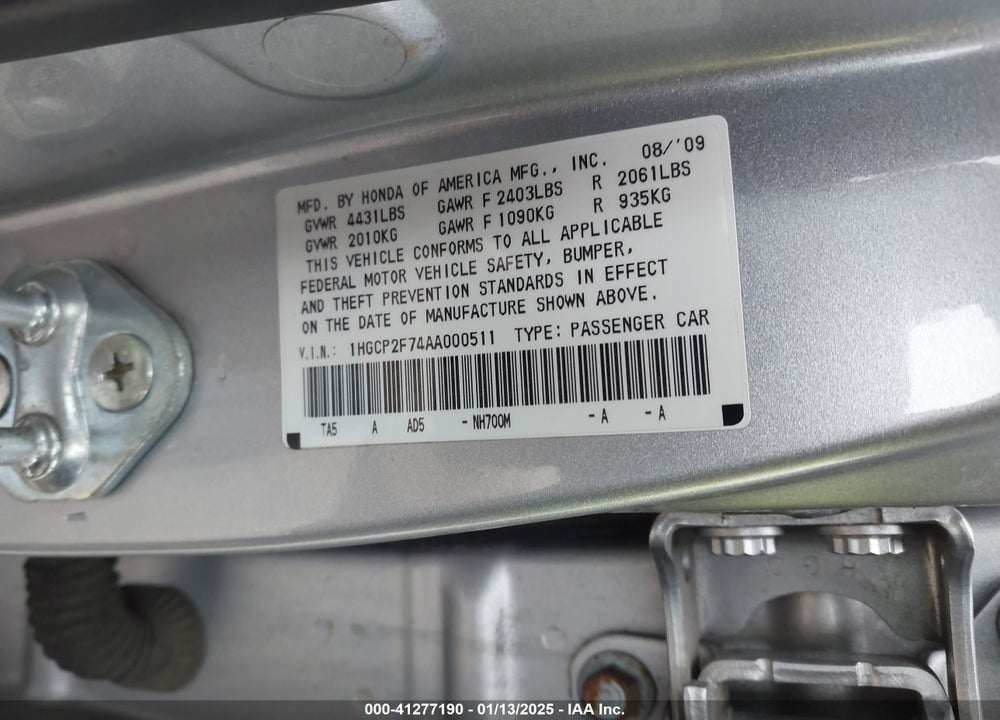 2010 HONDA ACCORD 2.4 EX VIN: 1HGCP2F74AA000511