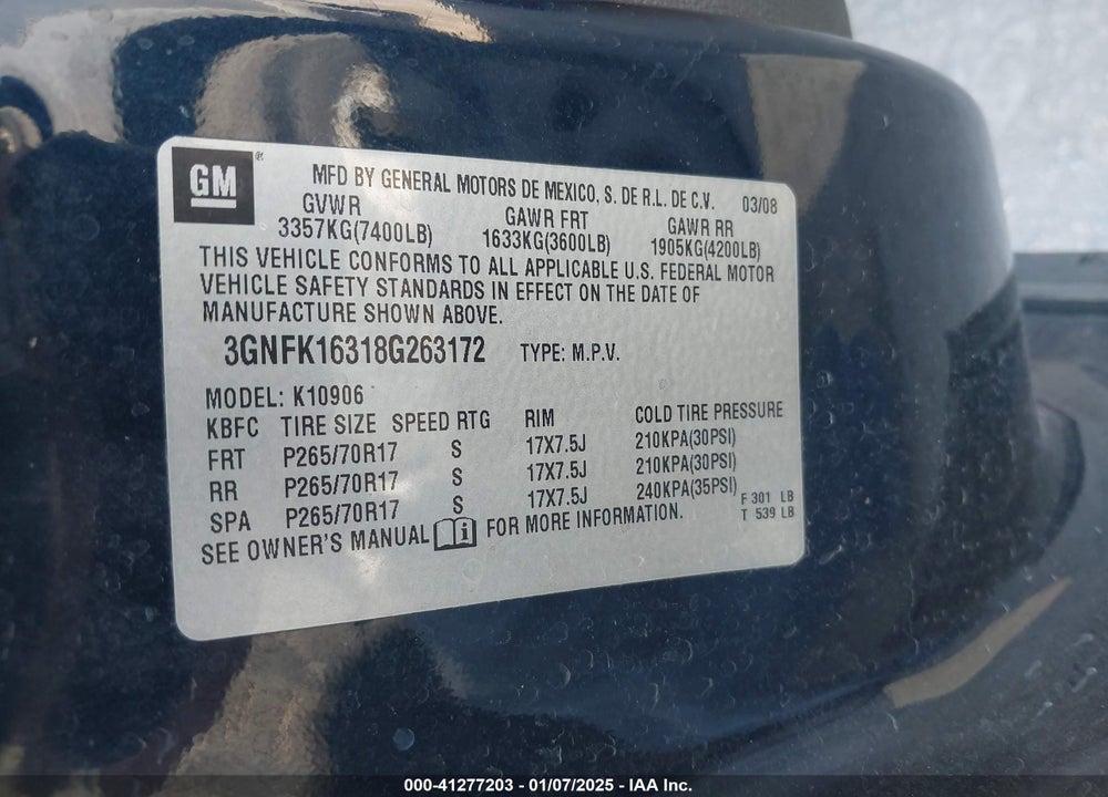 2008 CHEVROLET SUBURBAN 1500 LT VIN: 3GNFK16318G263172