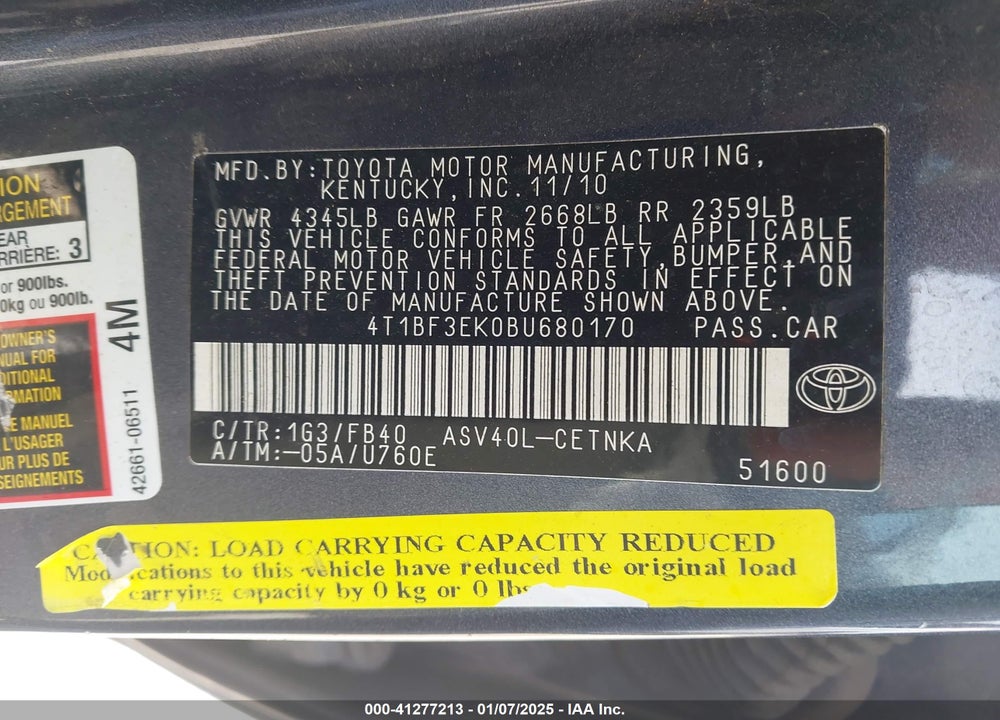 2011 TOYOTA CAMRY LE VIN: 4T1BF3EK0BU680170