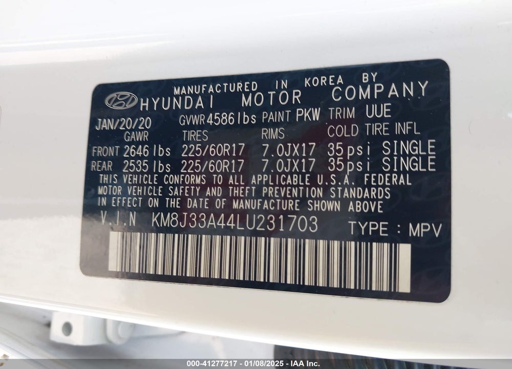 2020 HYUNDAI TUCSON VALUE VIN: KM8J33A44LU231703