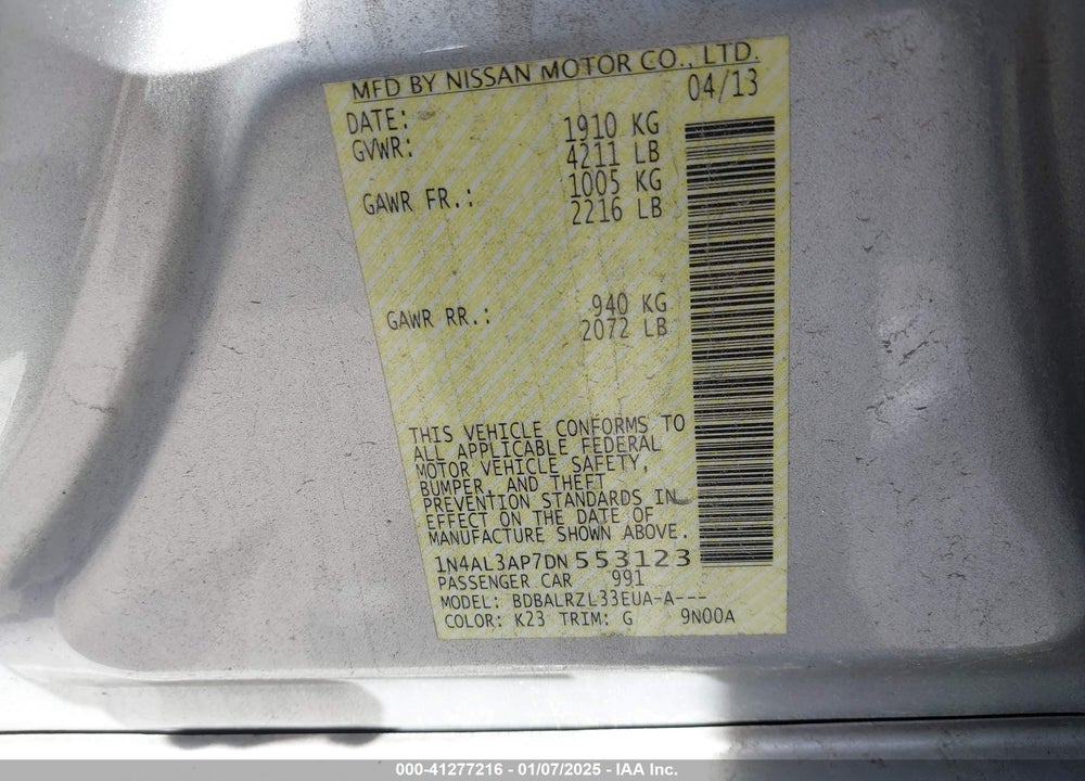 2013 NISSAN ALTIMA VIN: 1N4AL3AP7DN553123