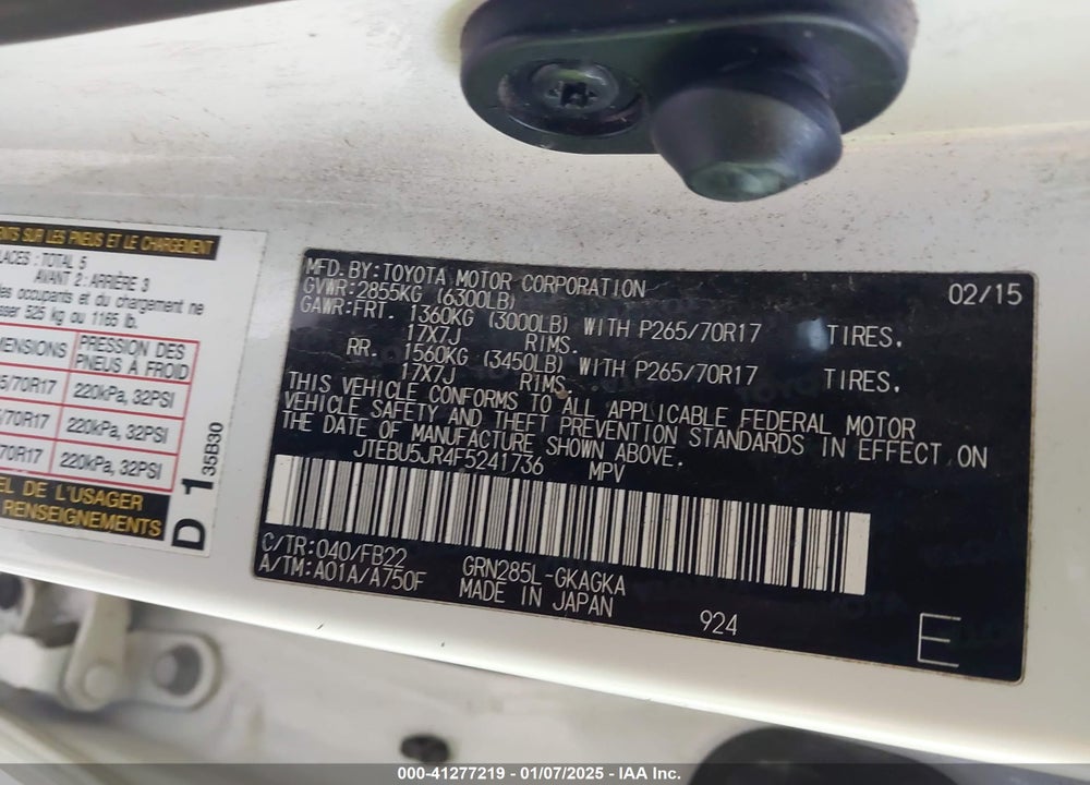 2015 TOYOTA 4RUNNER SR5 VIN: JTEBU5JR4F5241736