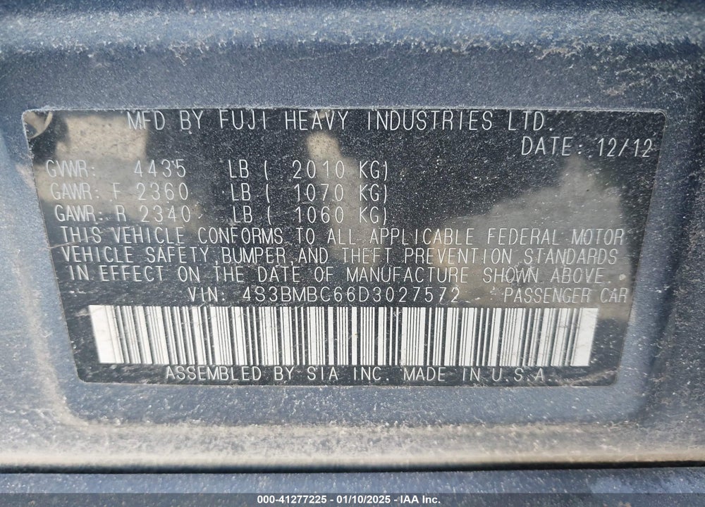2013 SUBARU LEGACY VIN: 4S3BMBC66D3027572