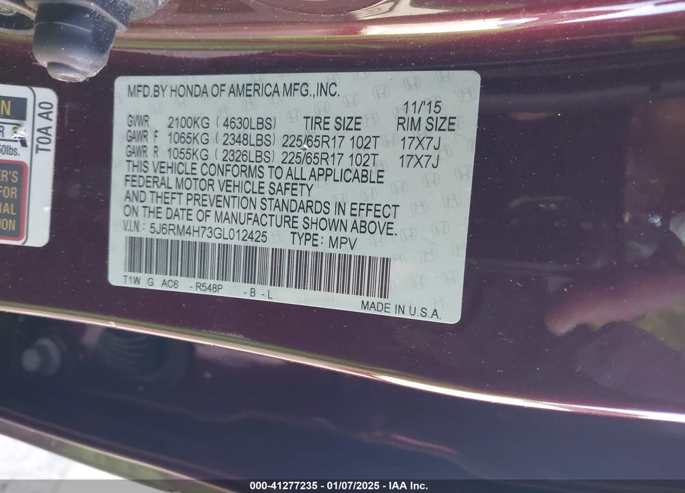 2016 HONDA CR-V VIN: 5J6RM4H73GL012425
