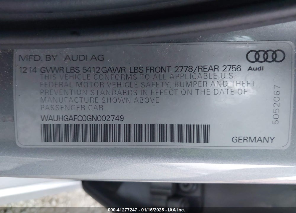 2016 AUDI A6 VIN: WAUHGAFC0GN002749