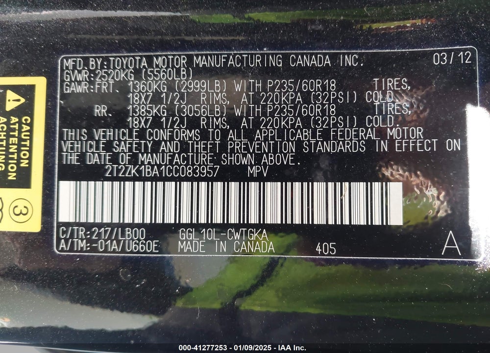 2012 LEXUS RX 350 VIN: 2T2ZK1BA1CC083957