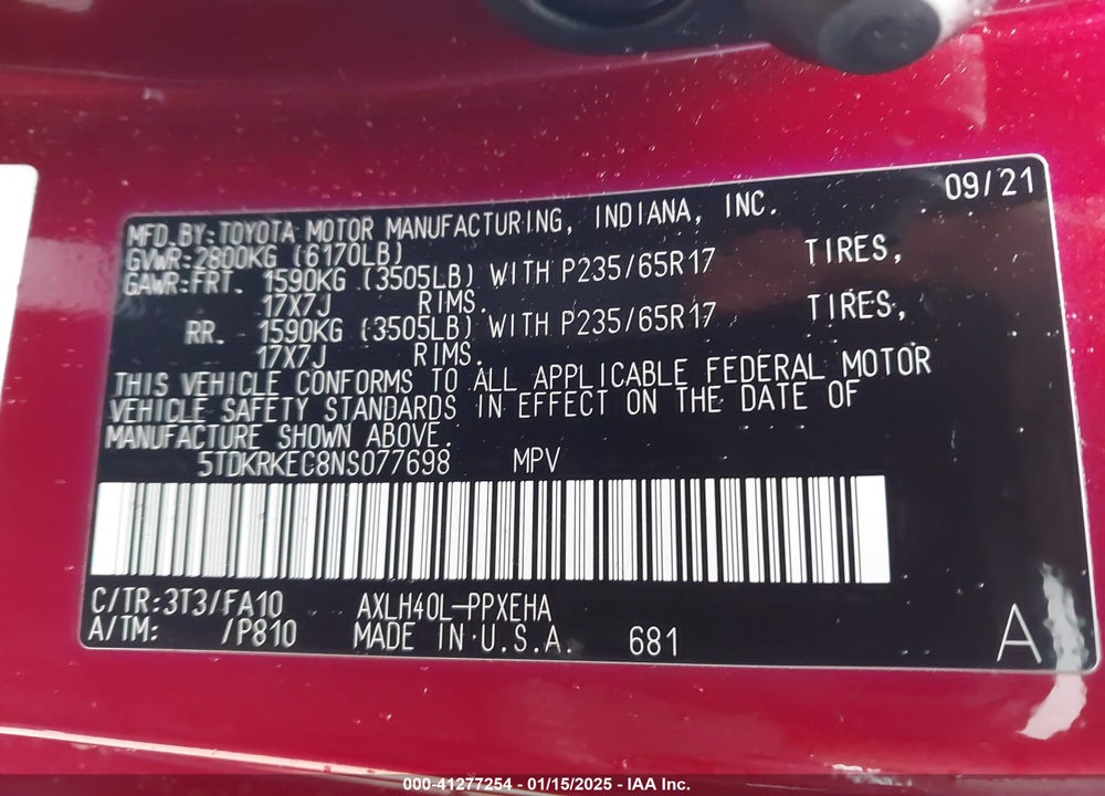 2022 TOYOTA SIENNA LE VIN: 5TDKRKEC8NS077698