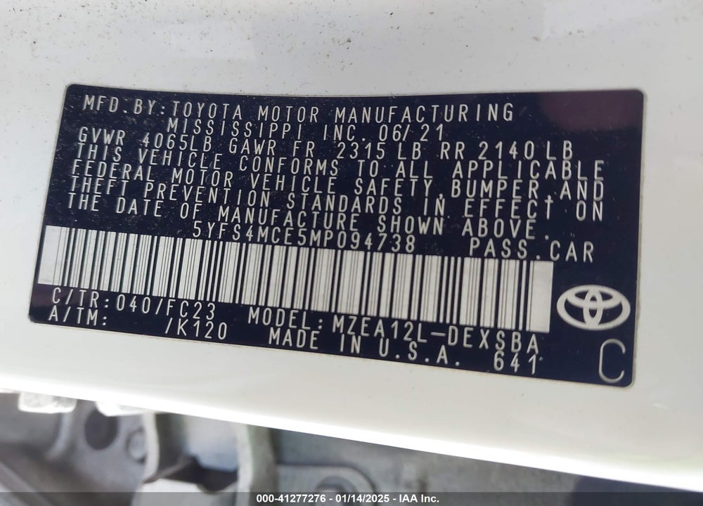 2021 TOYOTA COROLLA VIN: 5YFS4MCE5MP094738