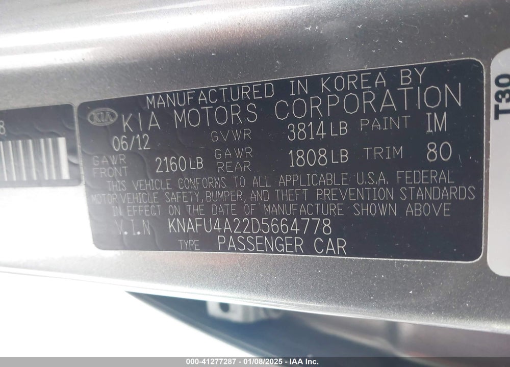 2013 KIA FORTE VIN: KNAFU4A22D5664778