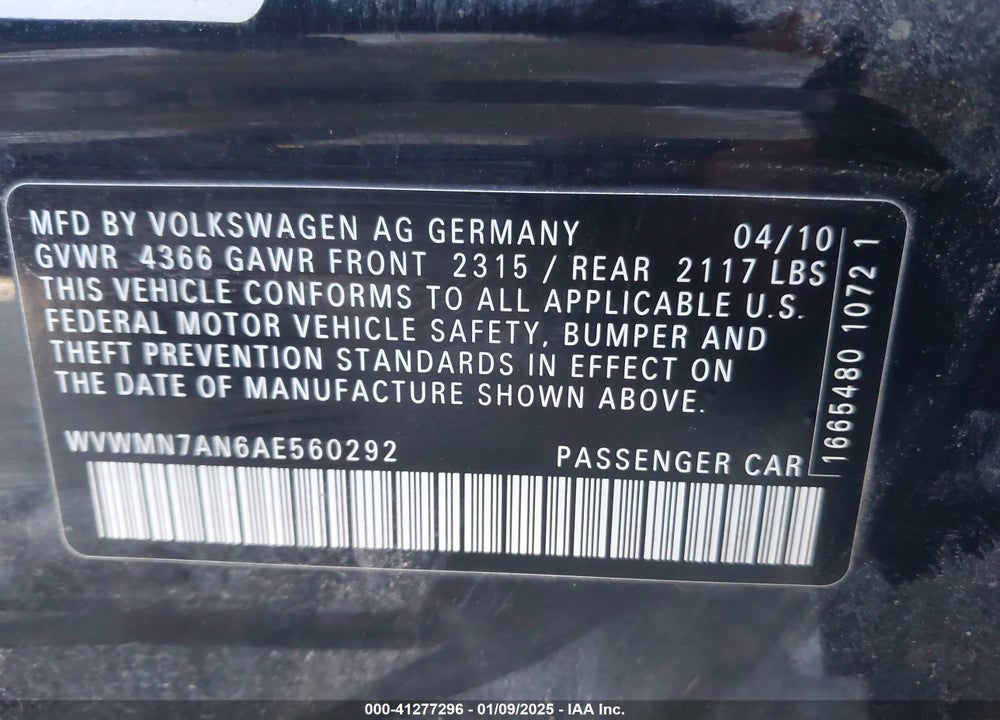 2010 VOLKSWAGEN CC VIN: WVWMN7AN6AE560292