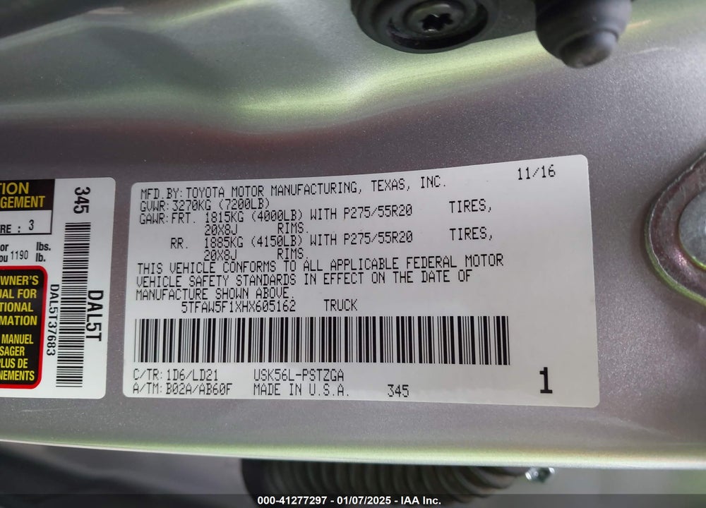 2017 TOYOTA TUNDRA VIN: 5TFAW5F1XHX605162
