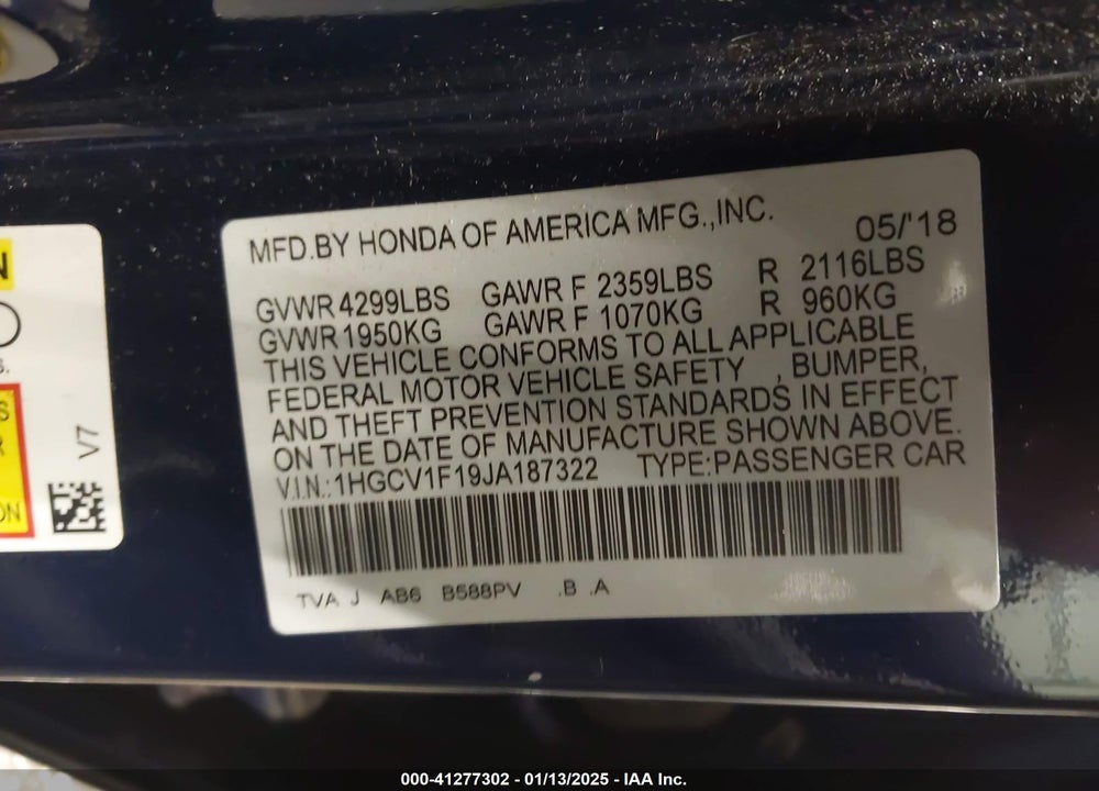 2018 HONDA ACCORD VIN: 1HGCV1F19JA187322