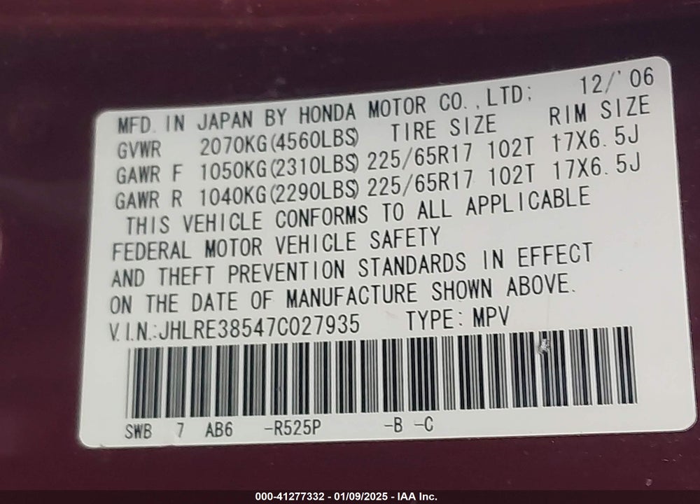 2007 HONDA CR-V EX VIN: JHLRE38547C027935