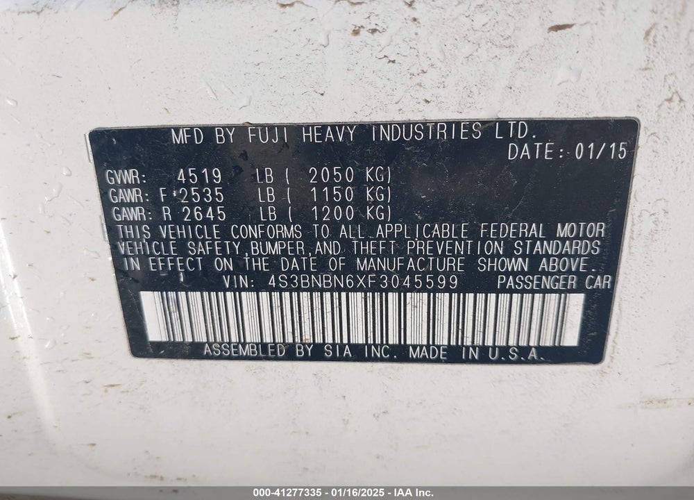 2015 SUBARU LEGACY VIN: 4S3BNBN6XF3045599