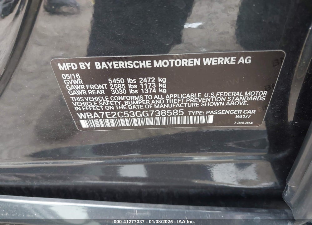 2016 BMW 740I VIN: WBA7E2C53GG738585