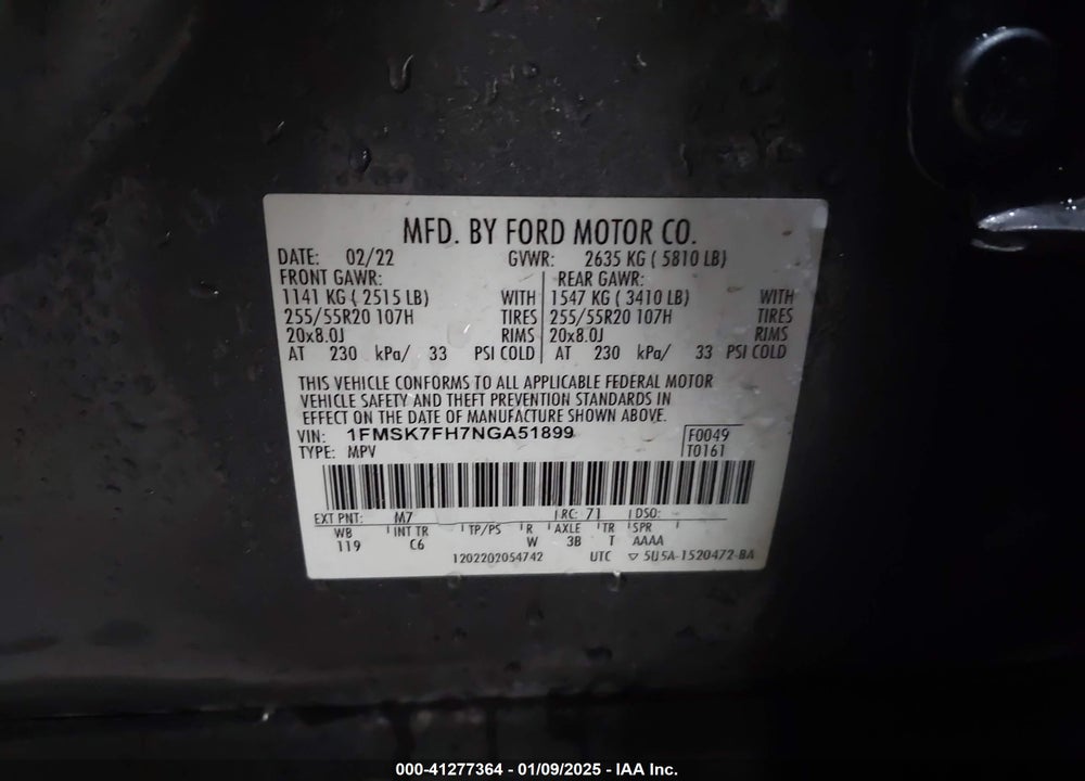 2022 FORD EXPLORER LIMITED VIN: 1FMSK7FH7NGA51899