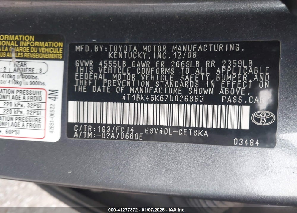 2007 TOYOTA CAMRY SE V6 VIN: 4T1BK46K67U026863