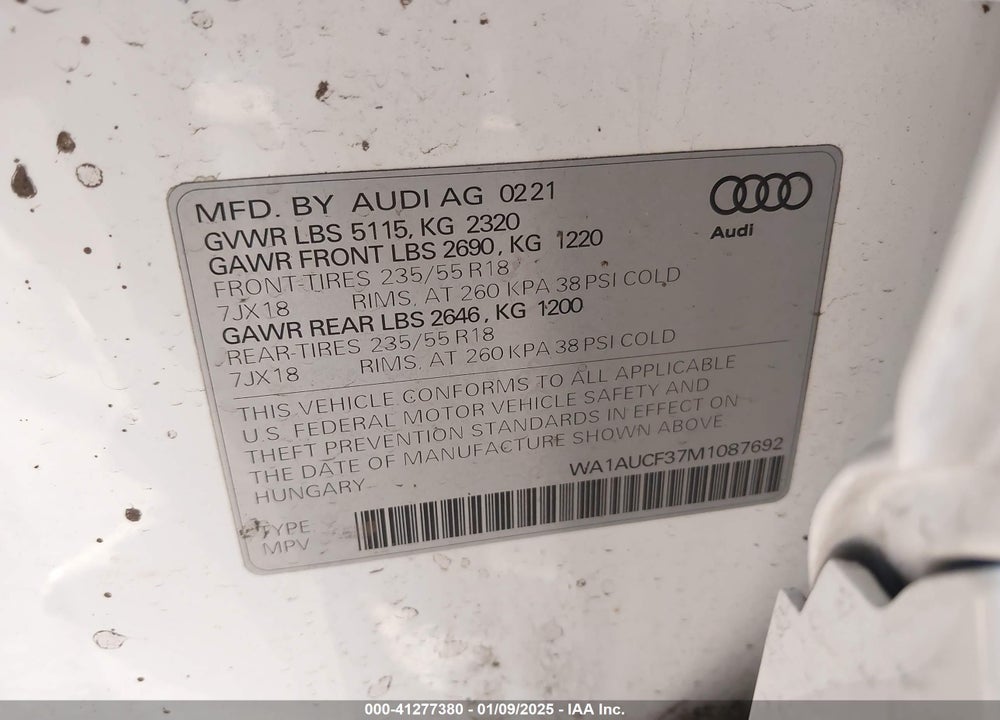 2021 AUDI Q3 PREMIUM 40 TFSI QUATTRO TIPTRONIC VIN: WA1AUCF37M1087692