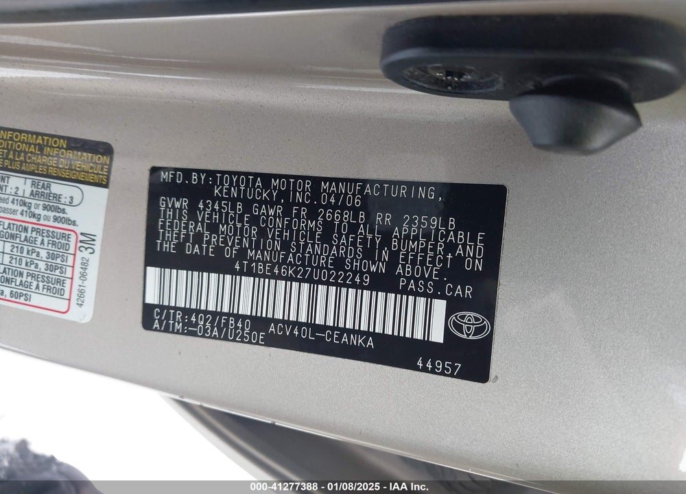 2007 TOYOTA CAMRY LE VIN: 4T1BE46K27U022249