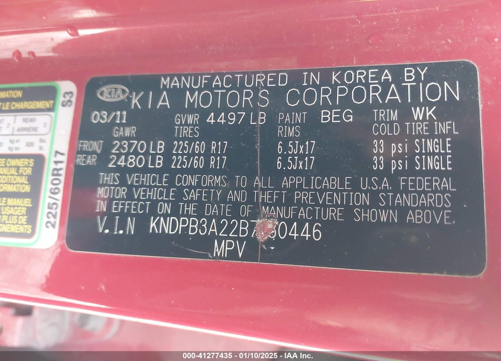 2011 KIA SPORTAGE LX VIN: KNDPB3A22B7130446
