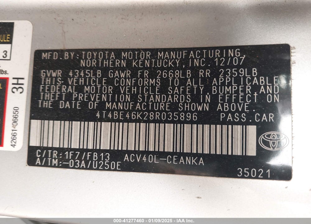 2008 TOYOTA CAMRY VIN: 4T4BE46K28R035896