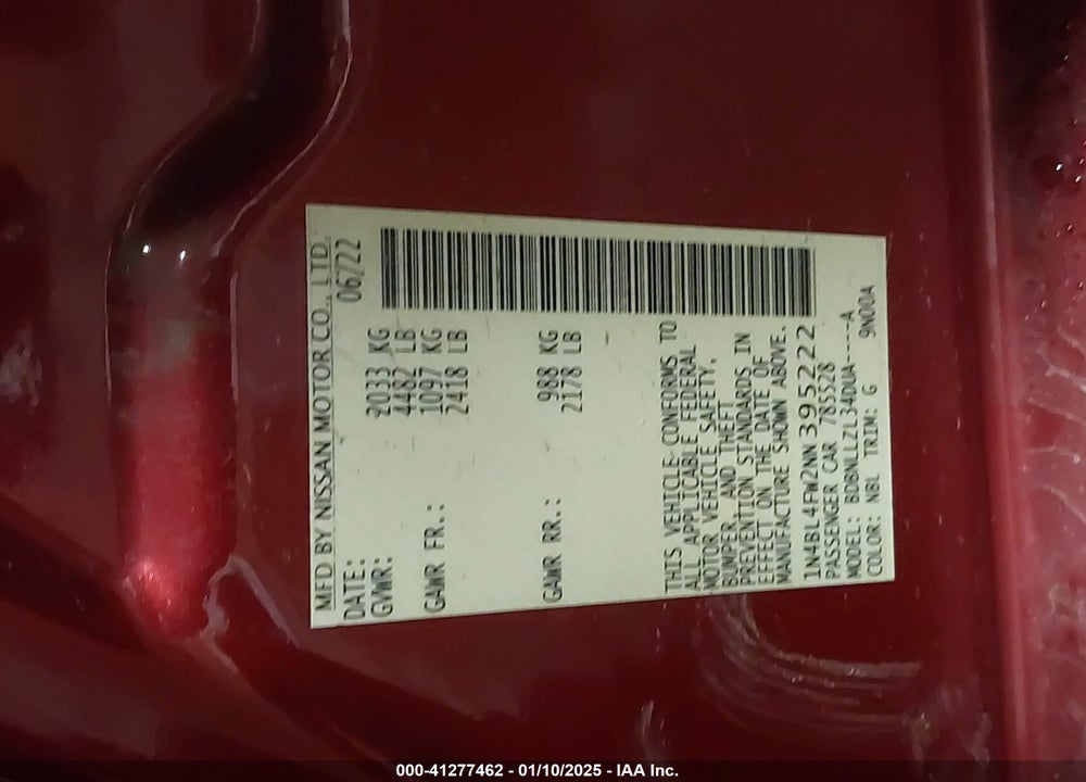 2022 NISSAN ALTIMA VIN: 1N4BL4FW2NN395222