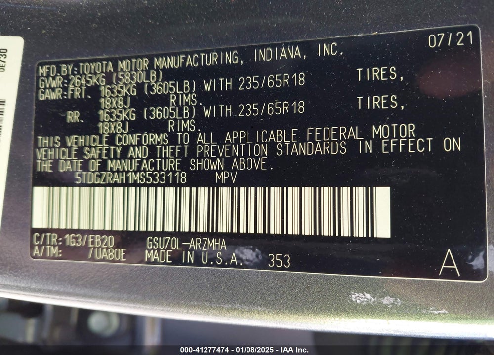 2021 TOYOTA HIGHLANDER XLE VIN: 5TDGZRAH1MS533118