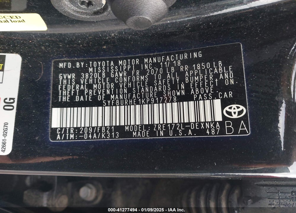 2019 TOYOTA COROLLA VIN: 5YFBURHE1KP917278