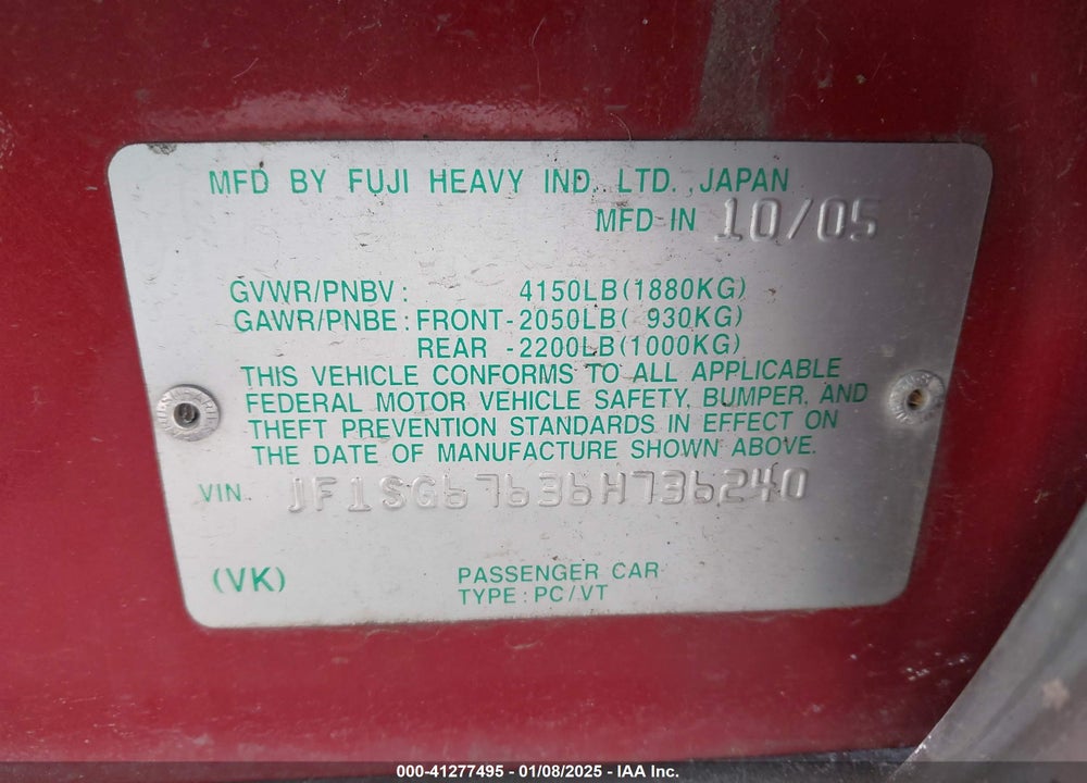 2006 SUBARU FORESTER 2.5X L.L. BEAN EDITION VIN: JF1SG67636H736240