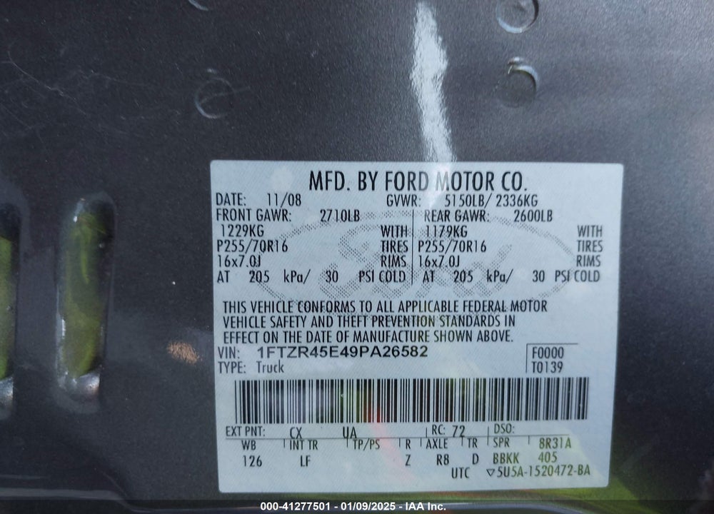 2009 FORD RANGER FX4 OFF-ROAD/SPORT/XLT VIN: 1FTZR45E49PA26582