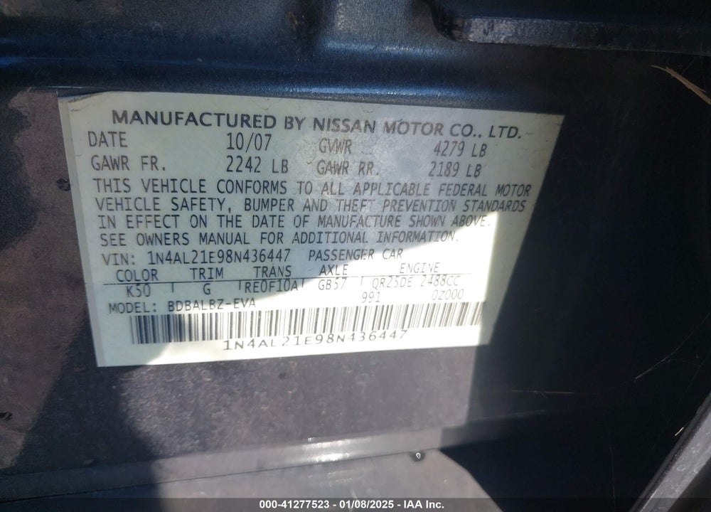 2008 NISSAN ALTIMA 2.5 S VIN: 1N4AL21E98N436447