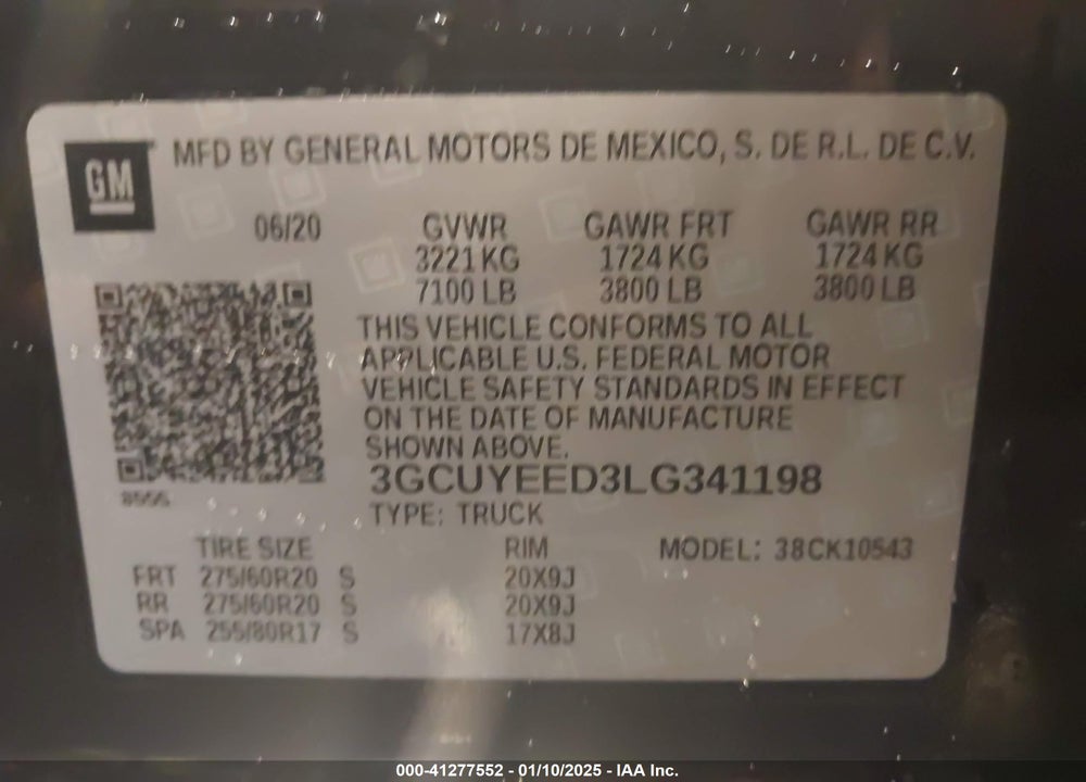 2020 CHEVROLET SILVERADO 1500 VIN: 3GCUYEED3LG341198