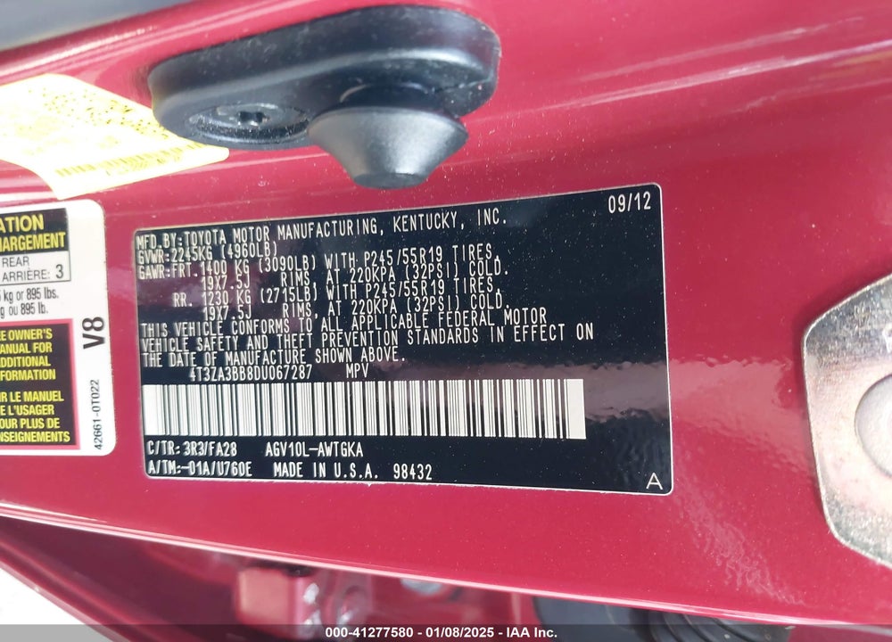 2013 TOYOTA VENZA LE VIN: 4T3ZA3BB8DU067287