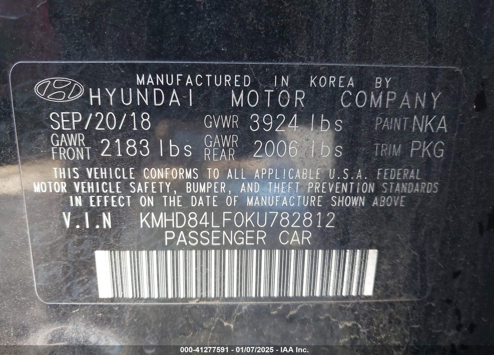2019 HYUNDAI ELANTRA VIN: KMHD84LF0KU782812
