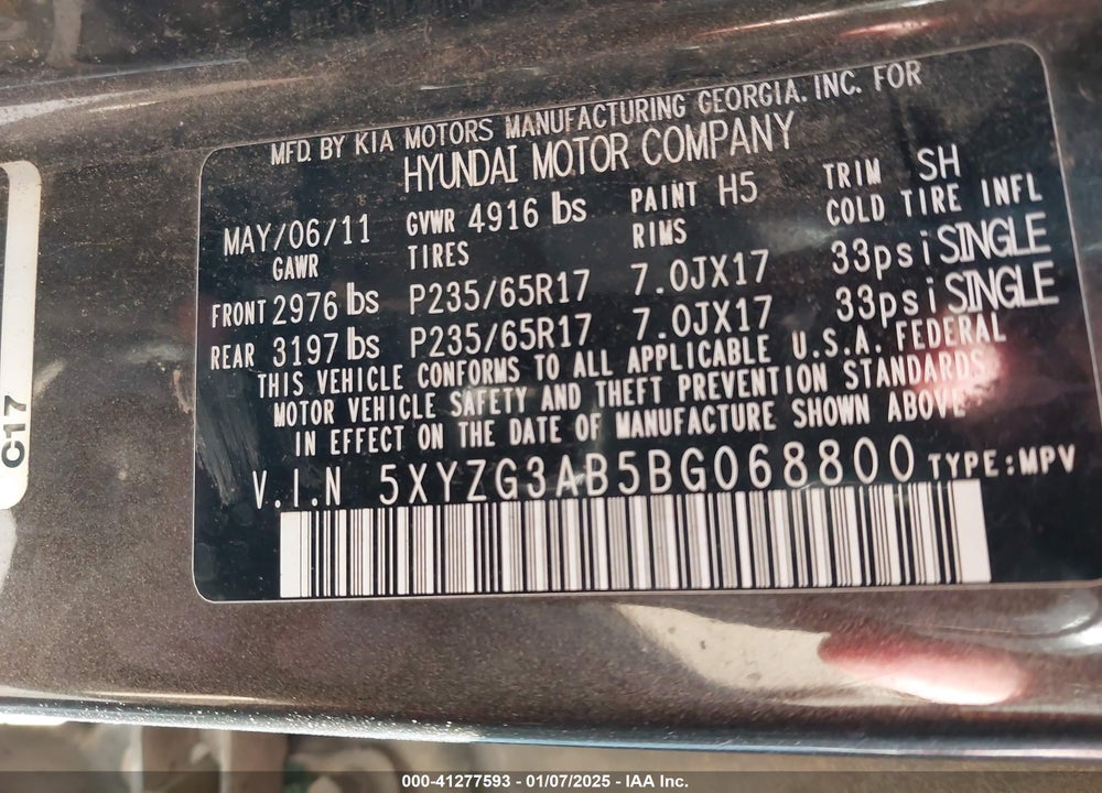 2011 HYUNDAI SANTA FE GLS VIN: 5XYZG3AB5BG068800