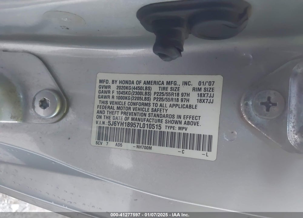 2007 HONDA ELEMENT SC VIN: 5J6YH18957L010515