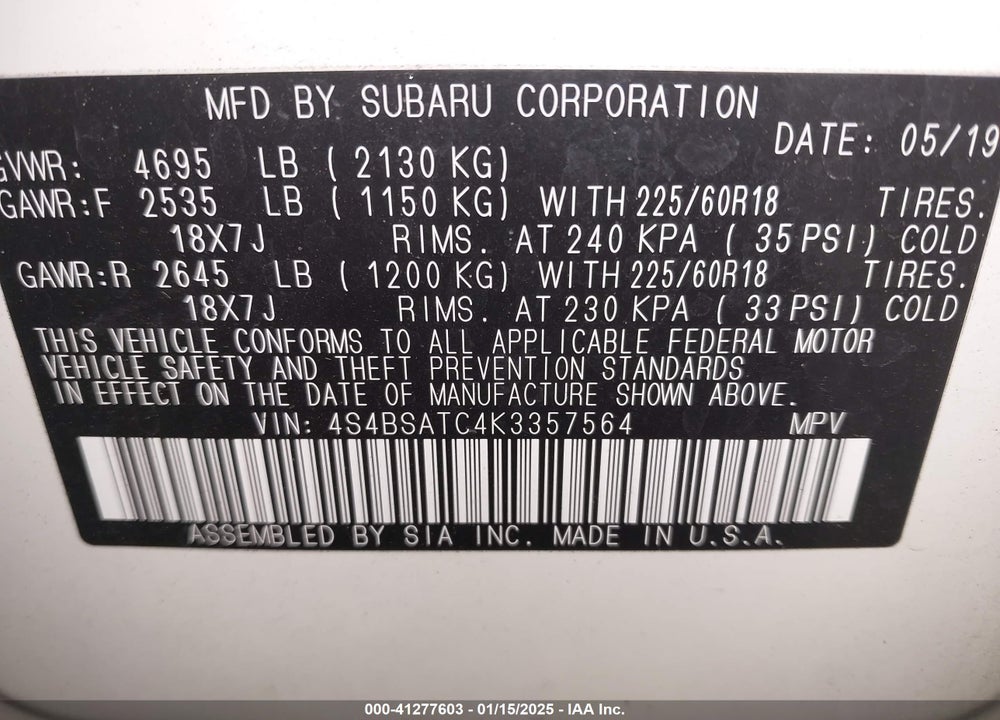 2019 SUBARU OUTBACK 2.5I TOURING VIN: 4S4BSATC4K3357564